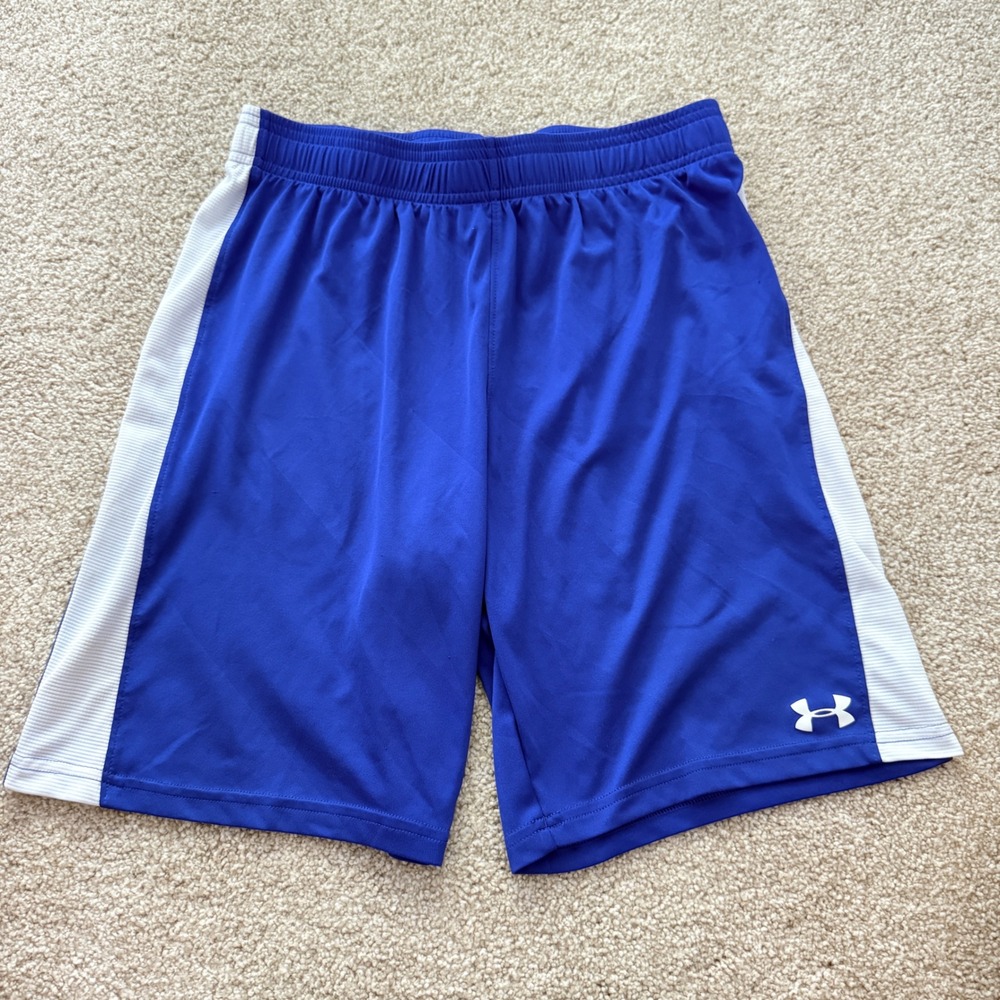 Under Armour Athletic Shorts Kids YXL Blue White Striped Loose Fit Drawstring